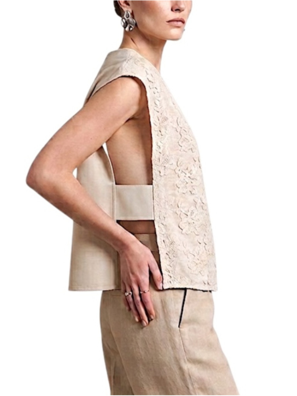 Valentina Naldi pure Italian linen lace beige old money side tab top